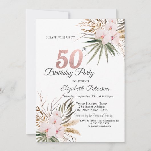 Chic Boho Flowers 50th Birthday Einladung (Vorderseite)