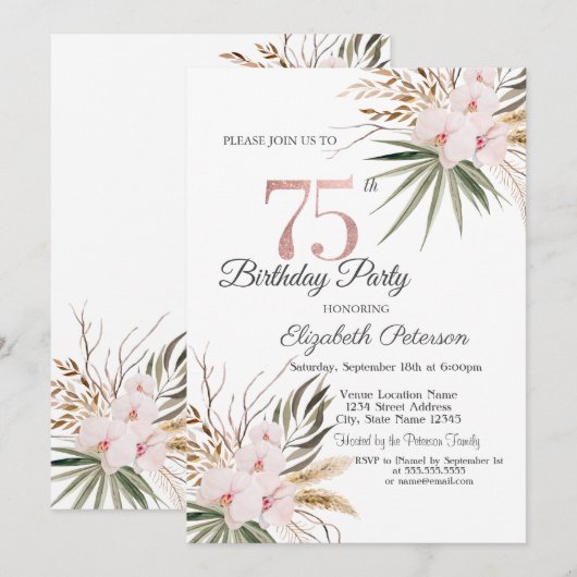 Chic Boho Flowers 75th Birthday Einladung (Vorne/Hinten)