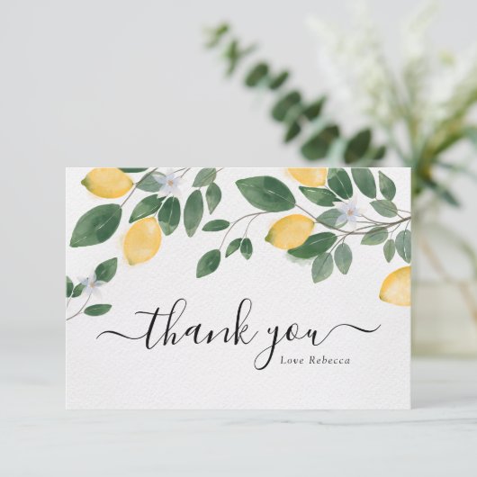 Chic Boho Lemon & Greenery Watercolor Dankeskarte (Stehend Vorderseite)