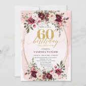 Chic Boho Maroon Gold Floral 60th Birthday Invite Einladung (Vorderseite)