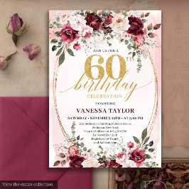 Chic Boho Maroon Gold Floral 60th Birthday Invite Einladung