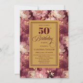 Chic Boho Marsala Gold Blume 50. Geburtstag Einladung (Vorderseite)