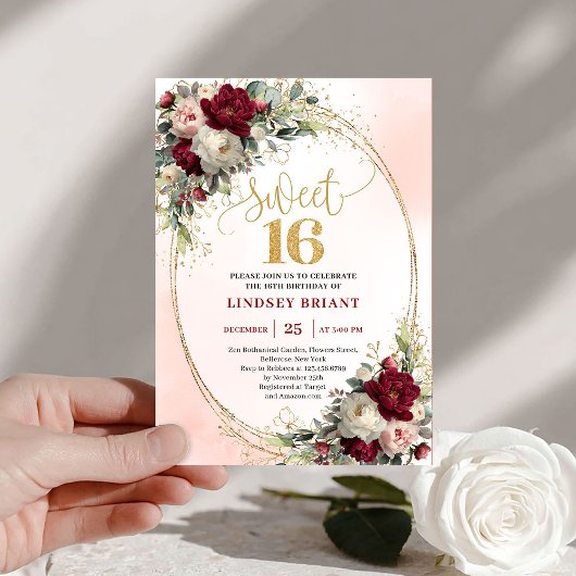 Chic Boho Marsala Gold Floral 16th Birthday Invite Einladung