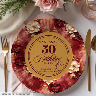Chic Boho Marsala Roségold 50. Geburtstag Pappteller