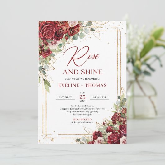 Chic boho marsala und errötete Rose erheben sich u Einladung (Stehend Vorderseite)