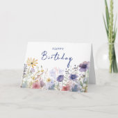 Chic Boho Navy Wildblume Thema Happy Birthday Karte (Vorderseite)