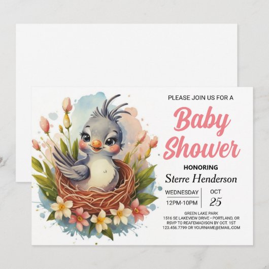 Chic Boho Niedlich Bird Baby Dusche Einladung (Vorne/Hinten)