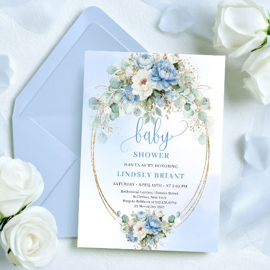 Chic Boho Pastel Blue Flowers Baby Shower Invites Einladung