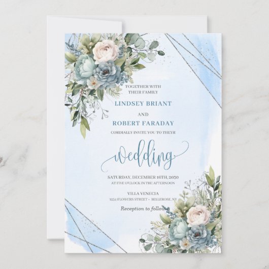 Chic Boho Pastel Blue White Silver Peonies Wedding Einladung (Vorderseite)