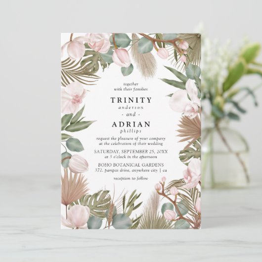 Chic Boho Pink Orchideen & Getrocknete Blätter Hoc Einladung (Stehend Vorderseite)