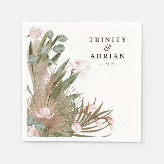 Chic Boho Pink Orchideen & Getrocknete Blätter Hoc Serviette (Vorderseite)