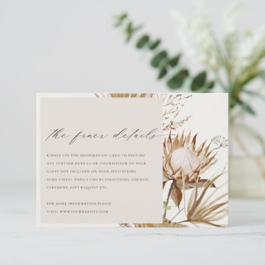 Chic Boho Protea Dry Palm Blumenzwiebeldetails Begleitkarte (Stehend Vorderseite)
