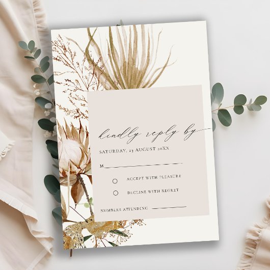 Chic Boho Protea Dry Palm Floral Wedding RSVP Begleitkarte