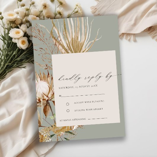 Chic Boho Protea Dry Palm Floral Wedding RSVP Begleitkarte