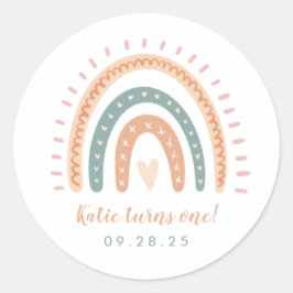 Chic Boho Rainbow Pastel Erster Geburtstag Runder Aufkleber