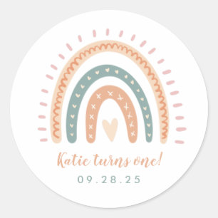 Chic Boho Rainbow Pastel Erster Geburtstag Runder Aufkleber