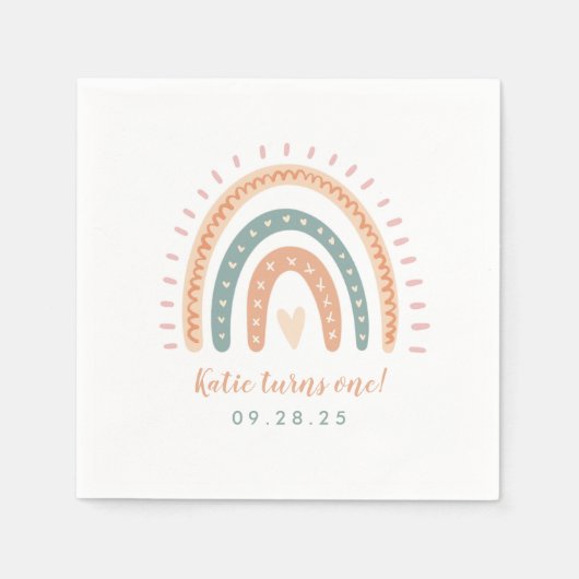 Chic Boho Rainbow Pastel Erster Geburtstag Serviette (Vorderseite)