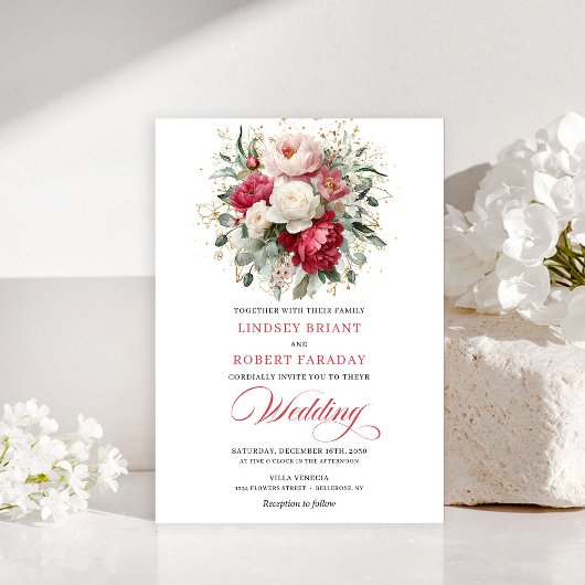 Chic Boho Red Blush Greenery Wedding Invitation Einladung
