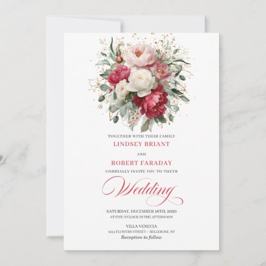 Chic Boho Red Blush Greenery Wedding Invitation Einladung (Vorderseite)