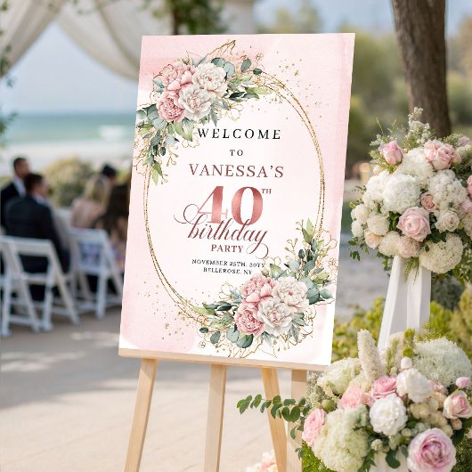Chic Boho Rosé Eukalyptus 40. Geburtstag Willkomme Poster
