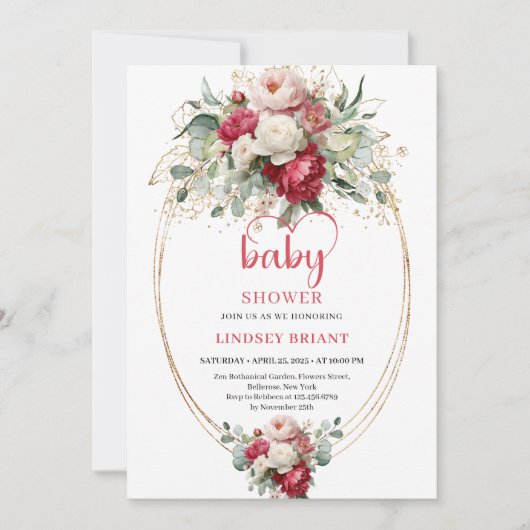 Chic Boho Ruby Red Blush Greenery Baby Shower Einladung (Vorderseite)