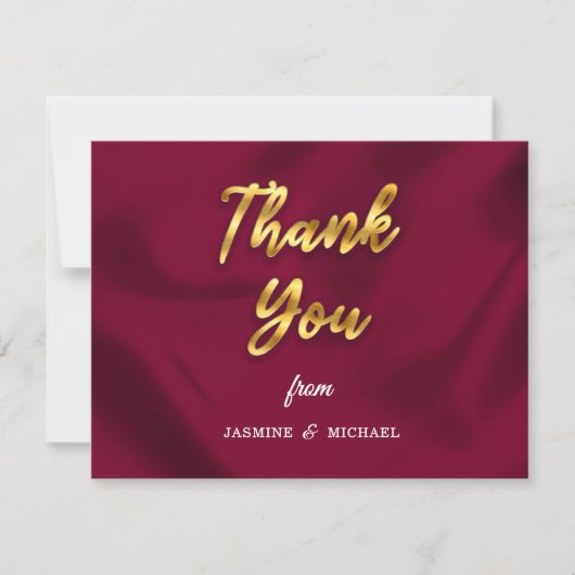 Chic Boho Rustic Burgundy und Gold Script Wedding Dankeskarte (Vorderseite)