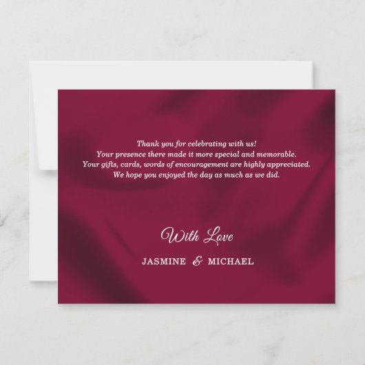Chic Boho Rustic Burgundy und Gold Script Wedding Dankeskarte (Rückseite)