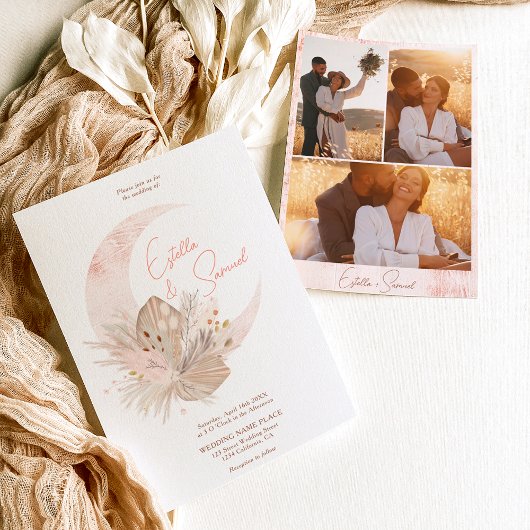 Chic boho rustikale Pampas Blumenmond Foto Hochzei Einladung