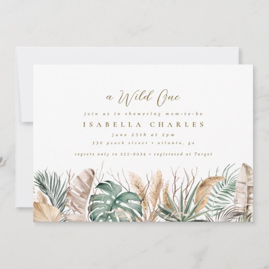 Chic Boho Safari Pampas Monstera Gold Baby Dusche Einladung (Vorderseite)