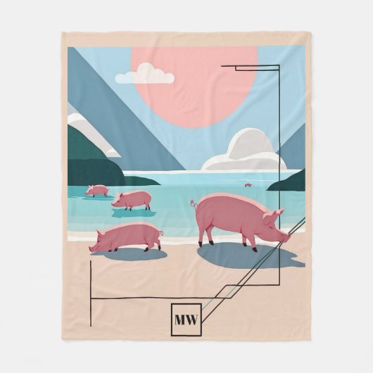 Chic boho Vektorschweine am Strand Monogramm Fleecedecke (Vorderseite)