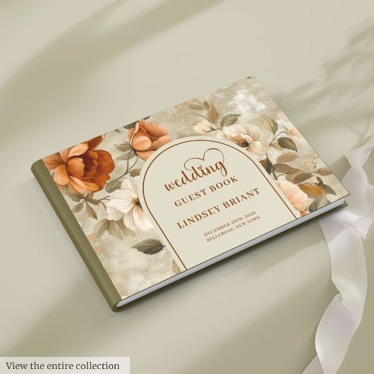 Chic Boho verbranntes Orange Elfenbein Oliven Blum Gästebuch