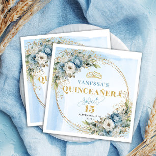 Chic Boho Watercolor Blaue Florale Goldene Quincea Serviette