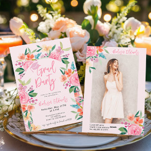 Chic Boho Watercolor Foto Graduation Party Einladung