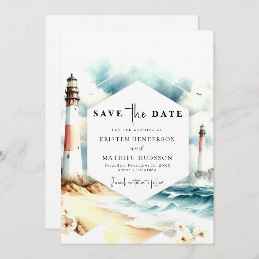 Chic Boho Waves Lighthouse Wedding Save The Date (Vorne/Hinten)
