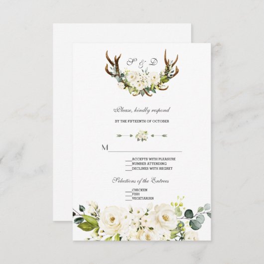 Chic Boho White Cream Blume Antlers Wedding RSVP Karte (Vorne/Hinten)