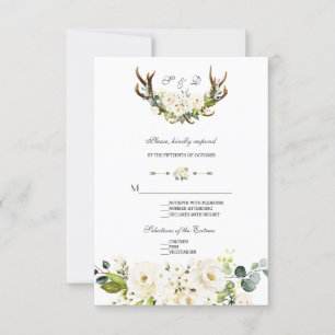 Chic Boho White Cream Blume Antlers Wedding RSVP Karte