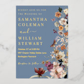 Chic Boho Wildblume Rustic Periwinkle Wedding Folieneinladung (Vorderseite)