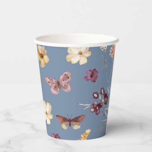 Chic Boho Wildblume Rustic Periwinkle Wedding Pappbecher (Rückseite)