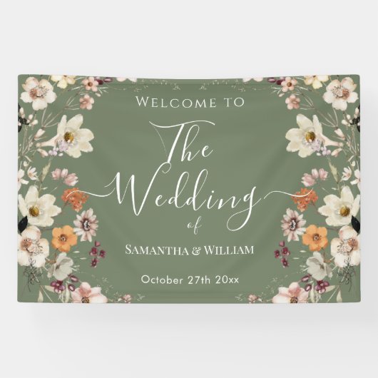 Chic Boho Wildblume Rustic Sage Green Wedding Banner (Horizontal)