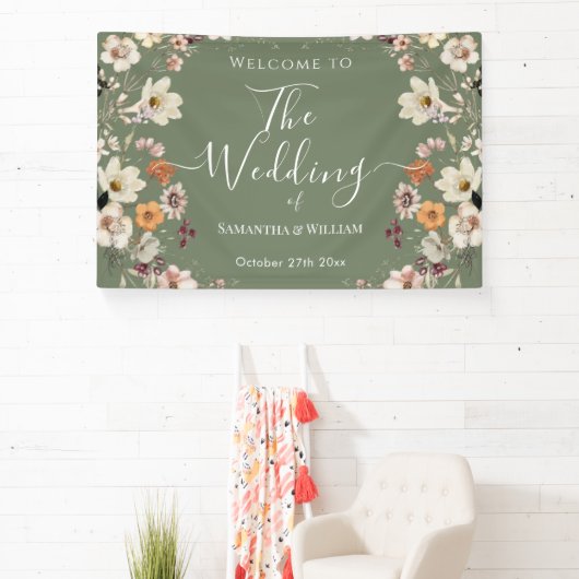 Chic Boho Wildblume Rustic Sage Green Wedding Banner (InSitu)