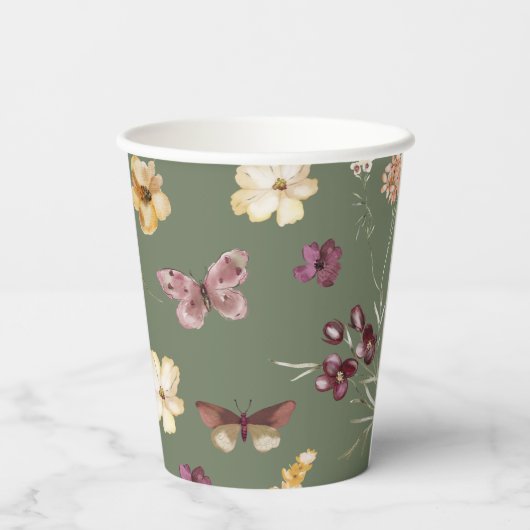 Chic Boho Wildblume Rustic Sage Green Wedding Pappbecher (Rückseite)