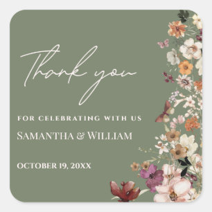 Chic Boho Wildblume Rustic Sage Green Wedding Quadratischer Aufkleber
