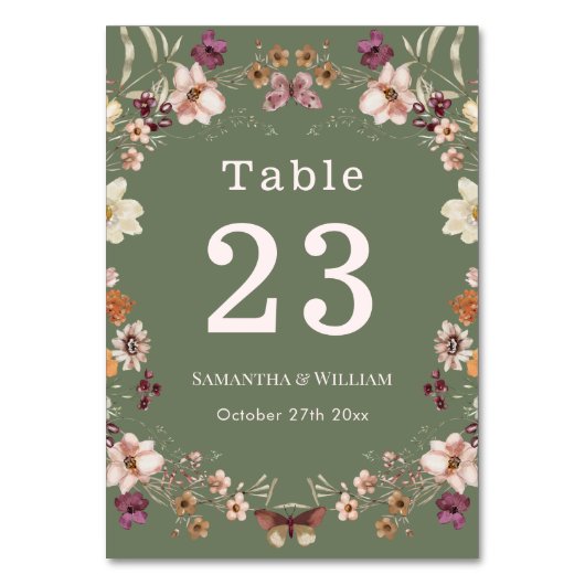 Chic Boho Wildblume Rustic Sage Green Wedding Tischnummer (Vorderseite)