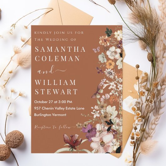 Chic Boho Wildblume Rustic Terracotta Wedding Einladung