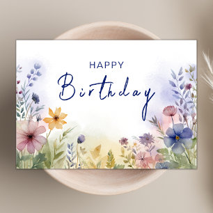 Chic Boho Wildblume Theme Navy Happy Birthday Karte