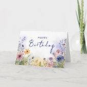 Chic Boho Wildblume Theme Navy Happy Birthday Karte (Vorderseite)