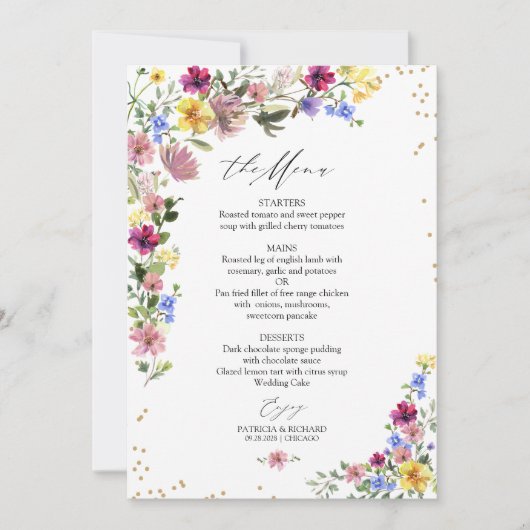 Chic Boho Wildblume Wedding Menu Card Einladung (Vorderseite)