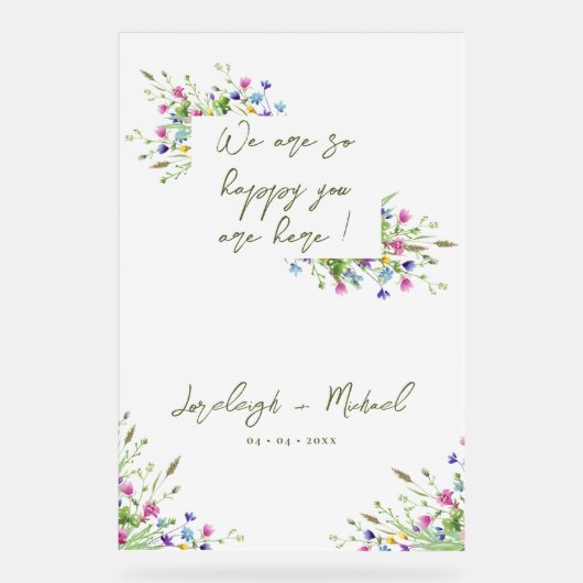 Chic Boho Wildblumen Script Große Hochzeit Zeichen Acrylschild (Vorderseite)