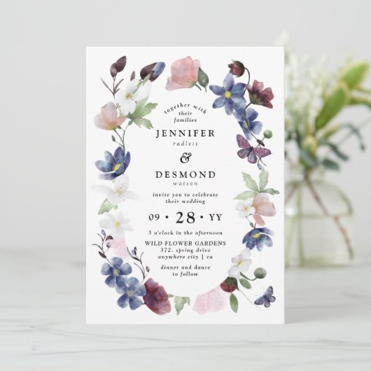 Chic Boho Wildblumen Wedding Einladung (Stehend Vorderseite)