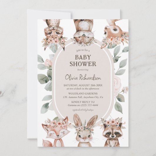 Chic Boho Woodland Animals Baby Dusche Einladung (Vorderseite)